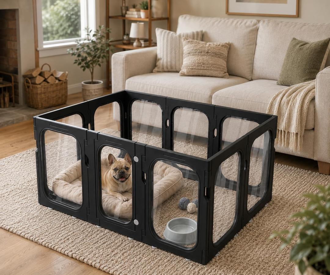 Acrylic Dog Playpen, 8-Panel Clear Transparent Puppy Playpen for Small Dogs Indoor Outdoor, Easy Assembly Foldable Pet Exercise Pen with Locking Door (Black, 25.6 INCH, 10 Panels)