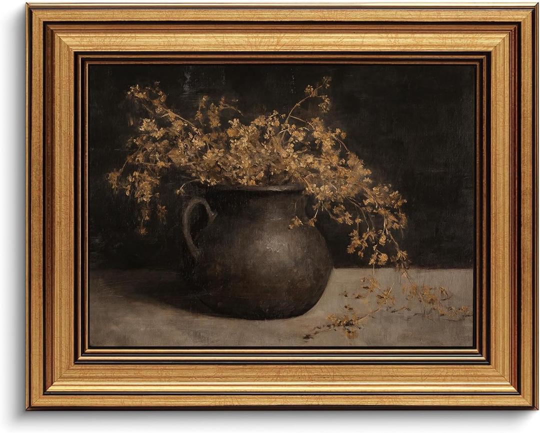 Gold Framed Wall Art Vintage Floral Canvas Art Farmhouse Autumn Picture Moody Wall Decor Antique Prints Rustic Botanical Paintings Country Artwork for Bedroom Bathroom Living Room 8x10 Inch (Flowerpot)