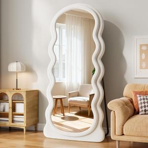 Wavy Full Length Mirror, 71"x30" Full Body Mirror, Flannel Floor Mirror with Stand, Large Mirrors Hanging or Leaning Against Wall for Bedroom Living Room, White (Arch Wavy-beige)