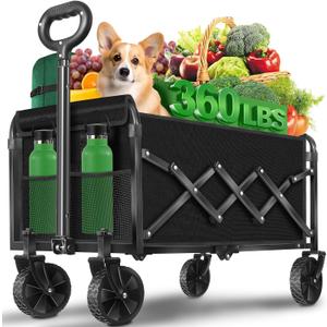Collapsible Wagons Carts Foldable Wagon, Foldable Wagon Cart with Wheels, Folding Wagons for Beach Camp Sports Garden, 2 Cup Holders/ Lightweight Portable/ Black/ 360 LBS