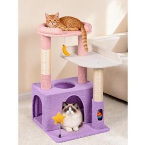 32" Cute Cat Tower for Indoor Kittens with Cat Condo, Plush Platform, Hammock, Sisal Scratching Posts, Dangling Ball, Tall Cat Tree Tower with Self-Grooming Brush (Moonlit Violet)