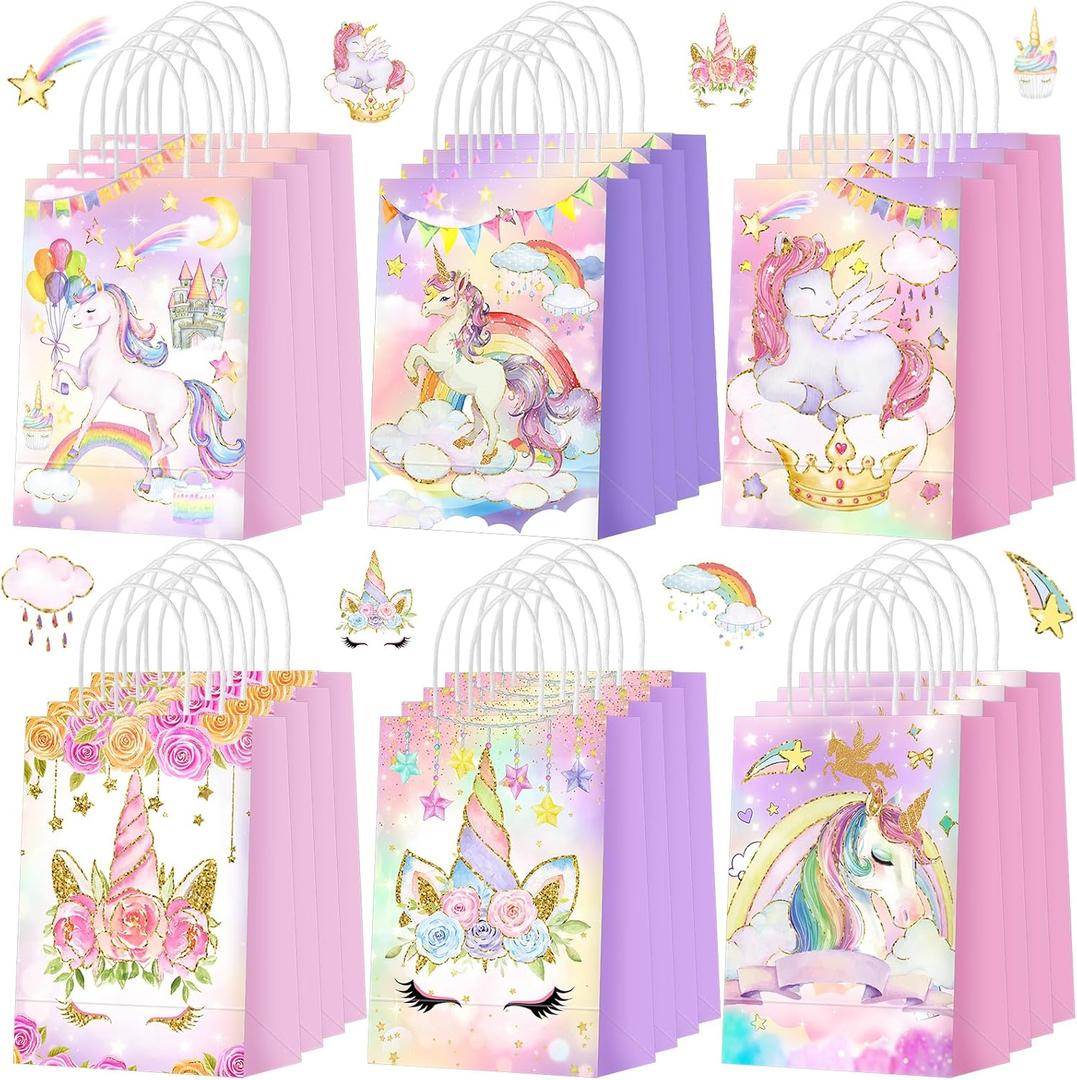 Kolldenn 24 Pcs Unicorn Party Favor Bags for Birthday Party Supplies Cute Unicorn Gift Goodie Paper Bags with Handles Rainbow Goody Treat Candy Pouch for Girls Birthday Baby Shower Decorations