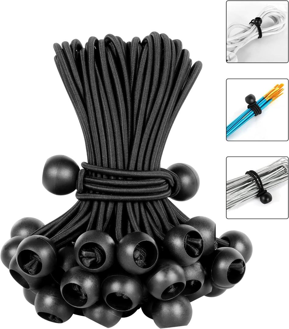 8 Inch Tarp Bungee Balls Ties,50 PCS Ball Bungee Cords Heavy Duty Canopy Tie Downs for Camping, Shelter,Cargo,Projector Screen,Tent Poles with UV Resistant (Black)