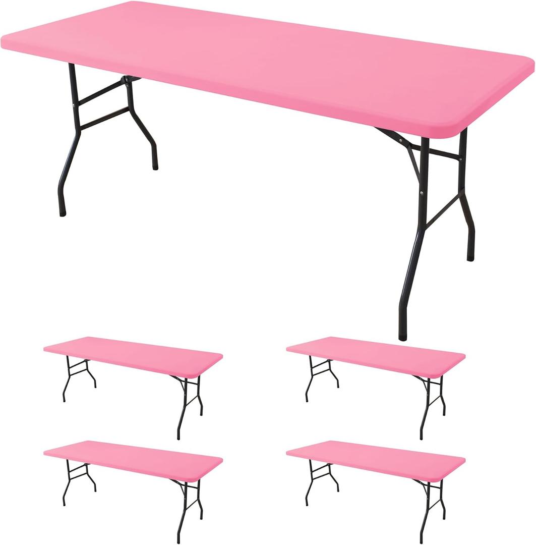 Fitted Tablecloth for 8 Foot Rectangle Tables-4 Pack Pink Elastic Outdoor Picnic Table Cover-Spandex Stretch Folding Table Cloths 8ft for Camping Dining Room Patio Kitchen Banquet Party, 30'' x 96'' | 4 Pack