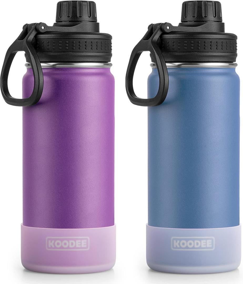 Koodee Insulated Water Bottle 2 Pack-18 oz Stainless Steel Vacuum Metal Sports Water Bottle with Leakproof Spout Lid (Purple-Royal Blue)