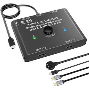 ANGEET USB C Switch 2 Computers 1 Monitor, 8K@60Hz USB C Switch 2 in 1 Out for 2 Laptop, 10Gbps / USB 3.1 Gen 2 / 100W PD/Wired Remote + 2 USB-C Cable