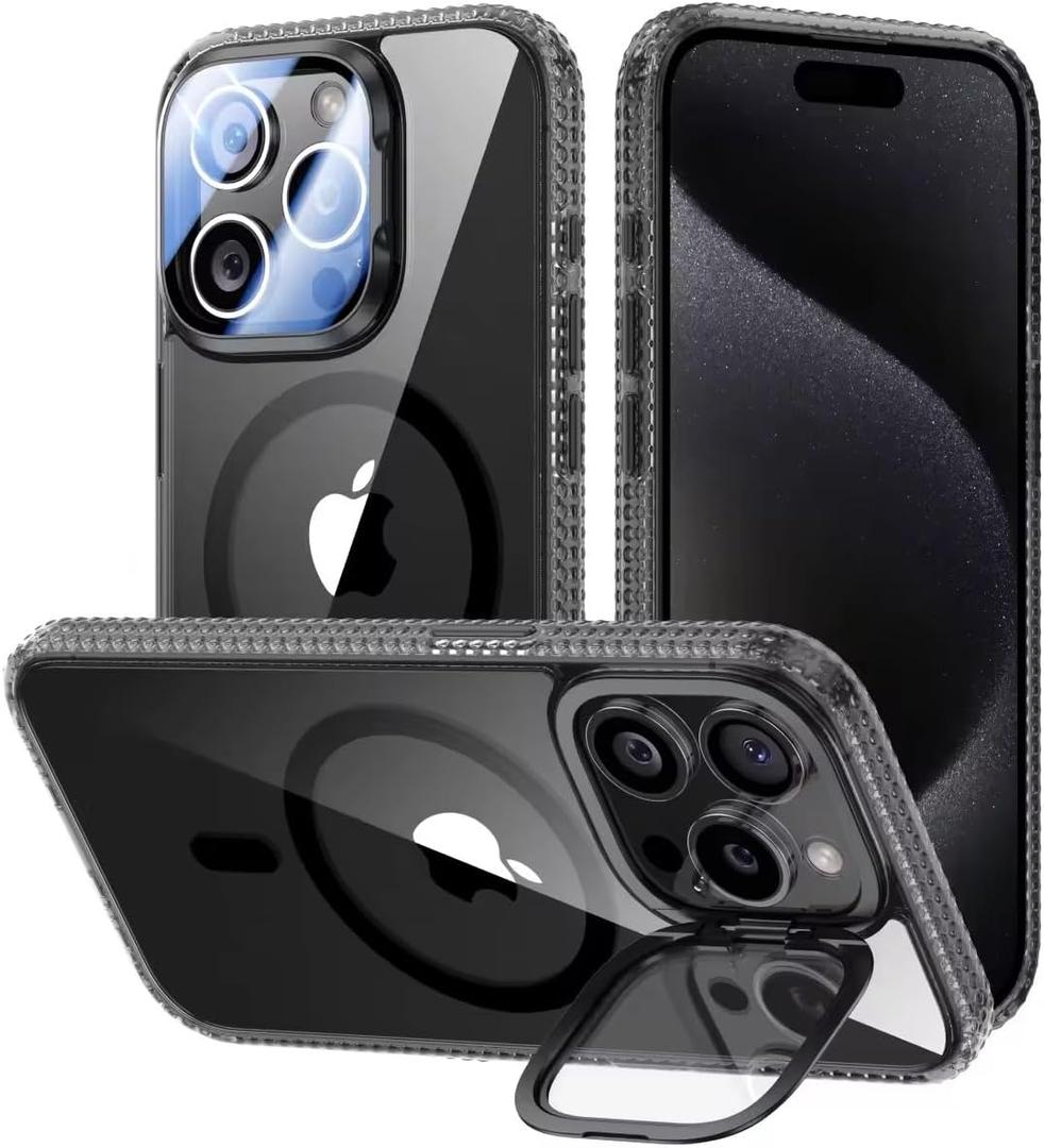 VOFATA [Upgraded] for iPhone 15 Pro Case with Camera Cover Stand [Fit for MagSafe][9H Camera Lens Protector] Mil-Grade Protection Transparent Magnetic iPhone 15 Pro Phone Case, Clear Black