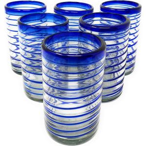Hand Blown Mexican Drinking Glasses Set of 5 Glasses with Cobalt Blue Spiral Design (14 oz each)