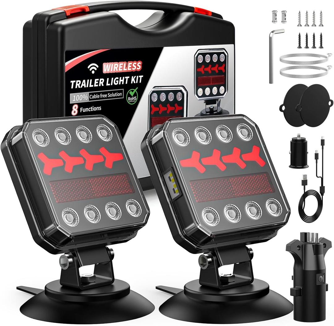 Wireless Bluetooth Magnetic Trailer Lights, Fast Charging LED Trailer Light Kit, IP65 Waterproof,10H Battery, 100FT Range for Trailer,Truck, RV, Camper,Boat Brake,Turn,Reverse & Hazard Safety Lights