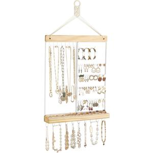 Mkono Hanging Jewelry Organizer Wall Mounted Earring Holder Metal Necklace Holder Wood Shelf with 55 Holes and 7 Hooks Display Rack For Storage Bracelet Rings Ear Studs Accessories Women Bedroom Decor