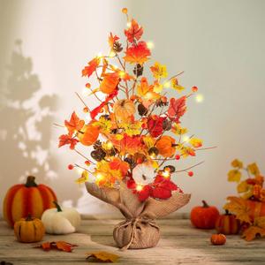 BLOSMON Thanksgiving Centerpieces for Dinner Table: 19.7 Inch Fall Indoor Home Decor Faux Tree with Timer 30 LED Lights - Artificial Pumpkin Berry Maple Leaf Pine Cone Trees Autumn Decoration (Orange & Red)