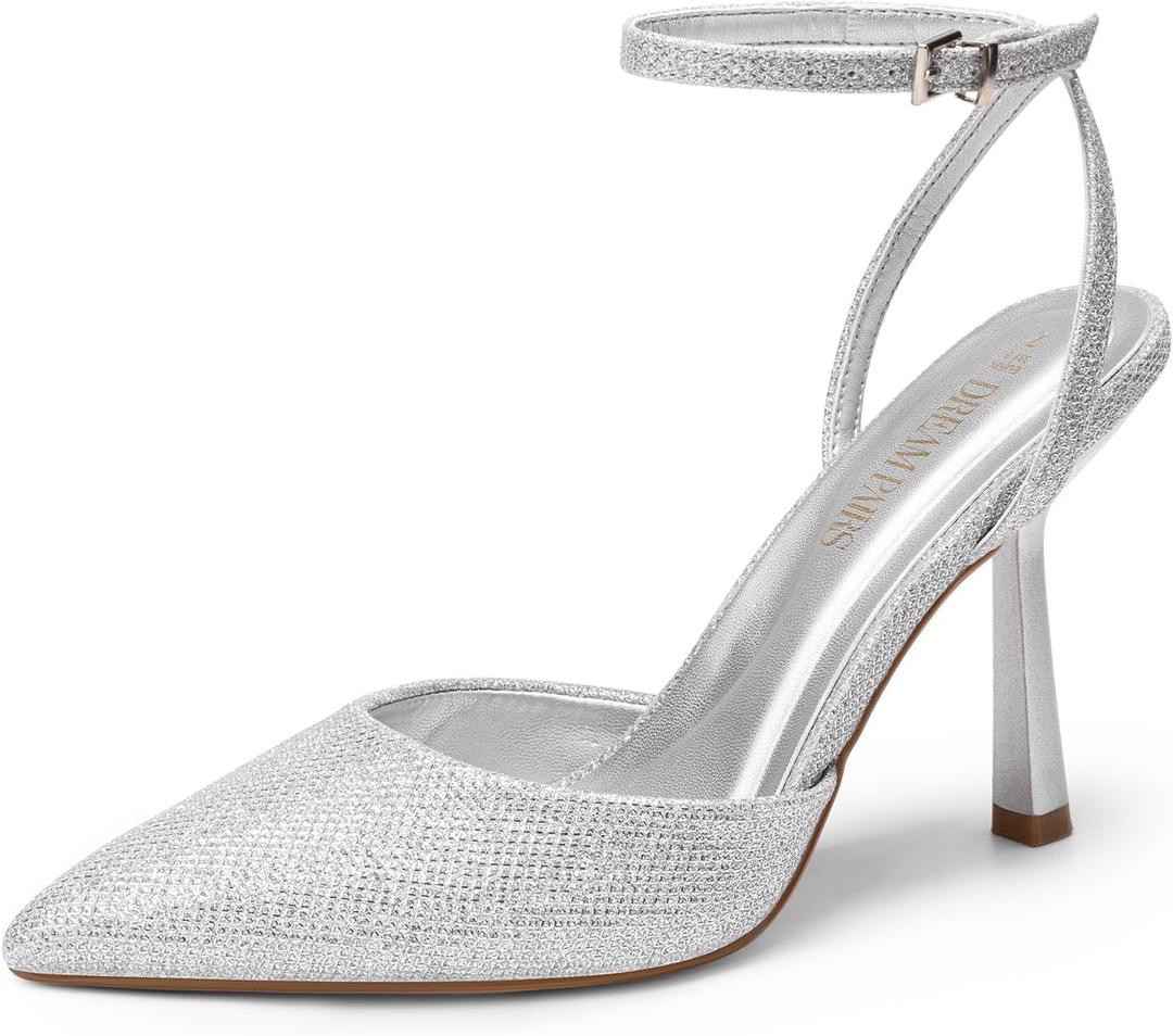 DREAM PAIRS High Heels for Women Closed Pointed Toe Dress Shoes for Women Ankle Strap Stiletto Heel Party Wedding Sexy Pump Shoes (8, Silver-glitter)
