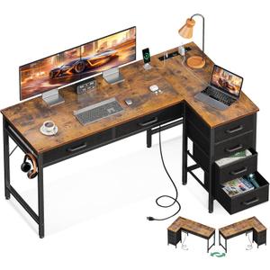 Coleshome 50 Inch L Shaped Desk with Drawers, Computer Desk with Power Outlets, Home Office Desk with 6 Drawers, Reversible Corner Desk for Small Space, Study Work Table with Hook,Vintage