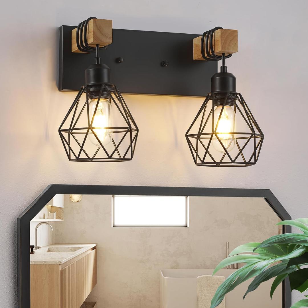 Farmhouse Bathroom Vanity Light Fixtures, 3-Light Wood Bathroom Light Fixtures Over Mirror, Rustic Sconces Wall Lighting with Elegant Metal Lampshade for Living Room, Bedroom, Hallway (Black)
