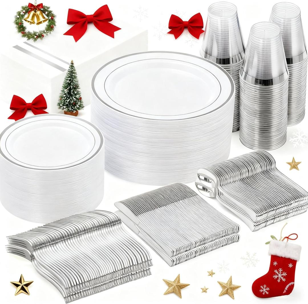 GATHER 350PCS Silver Plastic Plates - White and Silver Disposable Plates for 50 Guests Includes 50 Dinner Plates 50 Dessert Plate 50 Napkins 150 Silvery Cutlery and 50 Cups for Party & Christmas