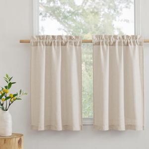 RYB HOME Cafe Curtains 24 inches Length, Linen Sheer Short Curtains for Small Window, Half Privacy Light Filetring Window Tier Valance for Kitchen Bathroom, W 26 x L 24, Beige, 2 Panels Set