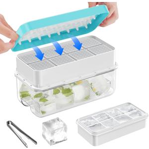 PHINOX Large Ice Cube Tray with Lid and Bin, Ice Trays for Freezer, 2 INCH Whiskey Ice Cubes Mold, 1*8 pcs Square Ice Cube Mold with Tong, Easy to Release, Large Ice Tray for Whiskey Cocktail Bourbon