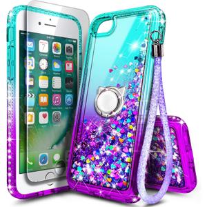 NGB Designed for iPhone SE (3rd 2022 & 2nd Gen 2020)/iPhone 8/7/6/6S Case, Aqua/Purple | Glitter Liquid Cute Cover for Women Girls Kids | with Tempered Glass Screen Protector & Ring Holder-Wrist Strap