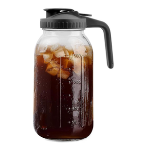 64 Oz Glass Pitcher with Lid 1 Pack, 2 Quart Heavy Duty Breast Milk Pitcher, Thickened Glass, Leak-Proof, Wide Mouth Mason Jar with Pouring Airtight Lid,Ideal for Fridge Storage(pack of 1) (Grey)