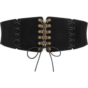 JASGOOD Women Elastic Corset Waist Belt Lace-up Tied Waspie Corset Suede Belts for Dress Halloween Costume (Fits Waist 30"-33", Black)