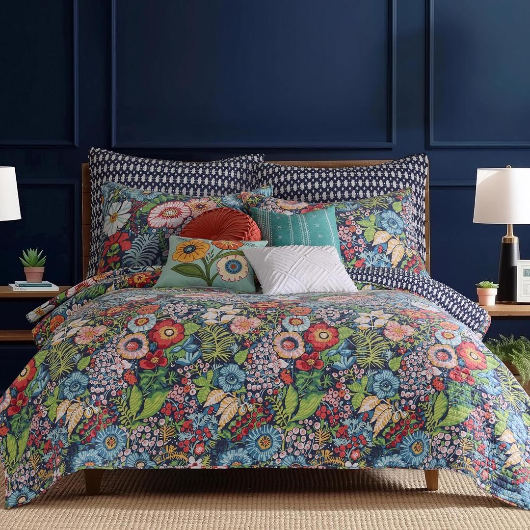 Levtex Home - Night Garden Quilt Set - King Quilt and Two King Shams - Bold Floral - Navy Red Pink Green Ochre White - Quilt (106x92in.) and Shams (20x36in.) - Reversible - Cotton, Quilt - King/Cal King