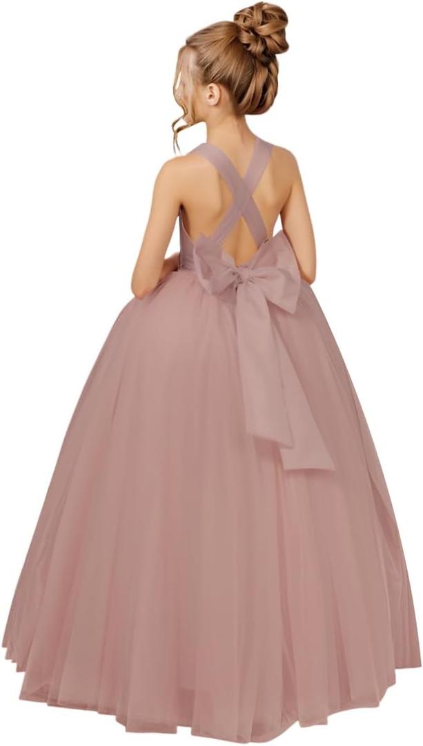 Crossed Straps Flower Girl Dress Satin Long Prom Dress with Bow Puffy Tulle Pageant Dresses for Girls, Dusty Rose, 10