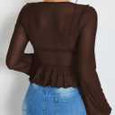 GORGLITTER Women's Sheer Bell Long Sleeve Crop Tops Y2K Fall Mesh Tie Front Gothic Concert Going Out Tops Trendy Dressy (Brown, L)