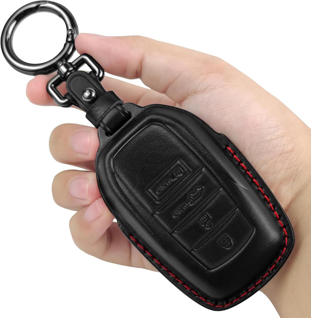Tukellen for Toyota Key Fob Cover Leather Case Compatible with 2025-2026 Camey 4Runner 2019-2026 Land Cruiser,2021-2026 Venza, Highlander Hilux,2023-2026 Tundra,Corolla 4/5 Buttons-Black(Red line)