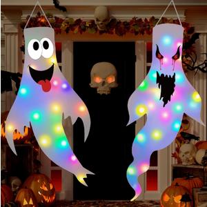 Halloween Decorations Outdoor Indoor, 2 Pack Light Up Ghost Decorations with LED Lights, Hanging Ghost Halloween Decor for Yard Porch Garden Lawn Party (2B-2Pack)