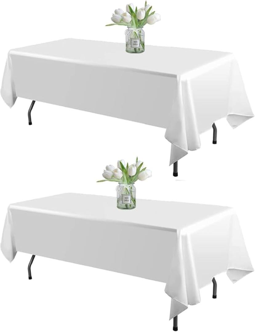 WIGENIUS 2 Pack White Table Cloth Rectangle 60 X 102 Inch Polyester Tablecloths, Wrinkle Resisitant Tablecloth for Wedding Buffet Parties and Dining (White, 2 Pack 60 X 102 inch)