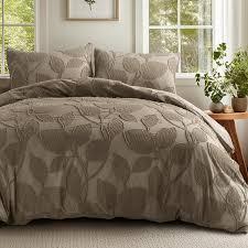 Duvet Cover Queen Size - Clipped Jacquard Leaf Queen Duvet Cover with 8 Corner Ties & 7 Buttons, 3 Pieces Breathable Shabby Chic Bedding Set with 2 Pillow Shams, Brown,90x90 Inches