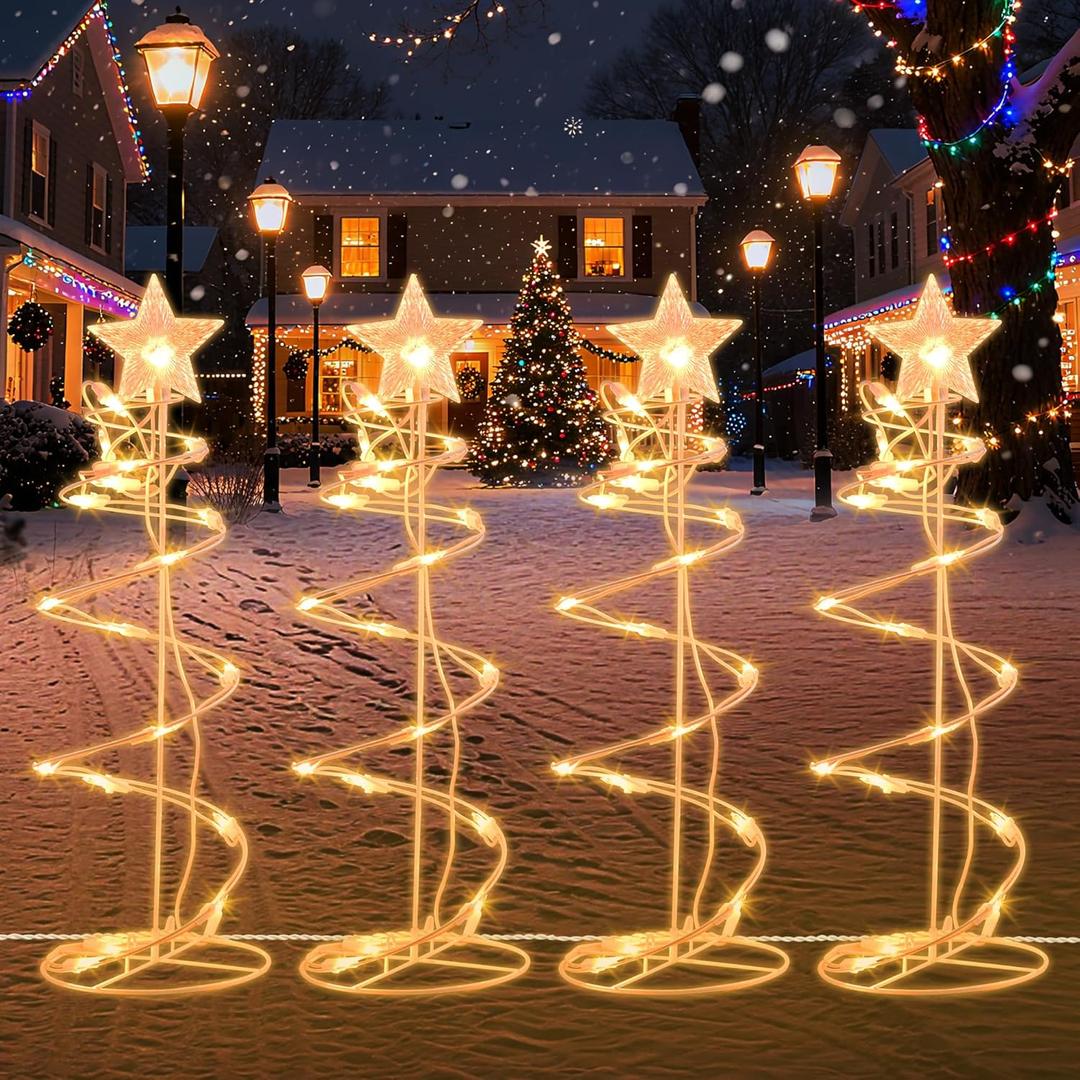Spiral Christmas Tree Pathway Lights 4 Pack - Warm White Spiral Lighted Christmas Lights Waterproof - Plug in Collapsible Pathway Light for Outdoor Indoor Christmas Yard Decorations