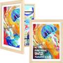 KINLINK 9x12 Kids Art Frames Set of 2, Solid Wood Kids Artwork Frames Changeable with Acrylic Front Opening Holds 150 Pictures, Art Frames for Kids Artwork with Mat or without Mat, Natural