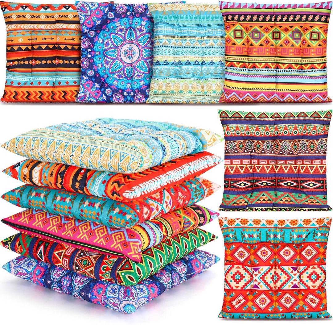 Menkxi 6 Pcs Bohemian Floor Pillows Seating 15 Inch Boho Floor Cushions Sitting Pillows Square Yoga Mandala Meditation Pouf for Living Room Balcony Office Tatami(Stylish), approx. 15 x 15 x 2.36 inches