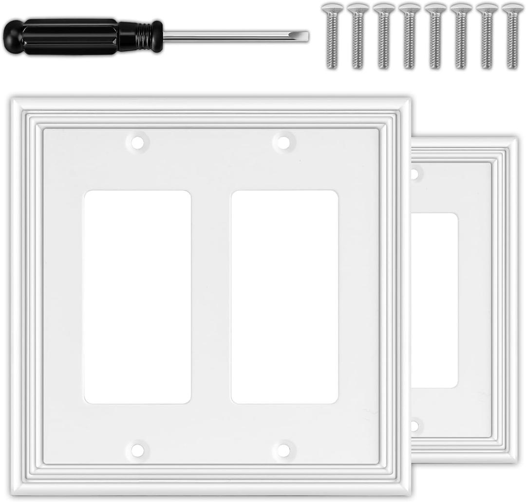 White Decorative Double Decorator Switch Covers Wall Plate, Natural Material Rocker Switch Plates for Receptacle, GFCI Outlet, Dimmer Switch - Modern Style (2 Gang Decorator 2 Pack)