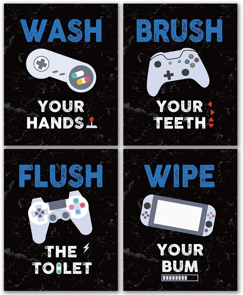 FALJIOK Funny Game Wall Decor for Bathroom, Gaming Video Game Art Prints for Son Gamer, Inspirational Bathroom Poster Set of 4(8" x 10") Unframed