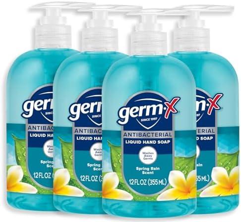 Germ-X Antibacterial Hand Soap, 12 Oz (Pack 4), Moisturizing Liquid Hand Wash for Kitchen or Bathroom, pH Balanced & Dermatologist Tested, Spring Rain Scent, Pump Bottle