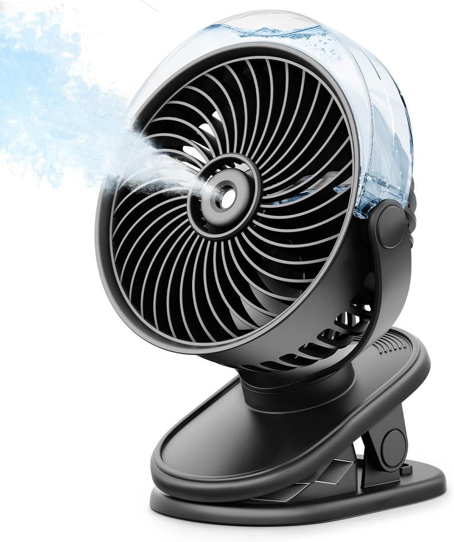 SWEETFULL Portable Misting Clip On Fan, USB-C Rechargeable Mini Personal Cooling Fan with 4 Speeds, 360° Rotatable, Quiet Cooling for Outdoor, Camping, Golf Cart, Travel, Stroller & Desk (Black)