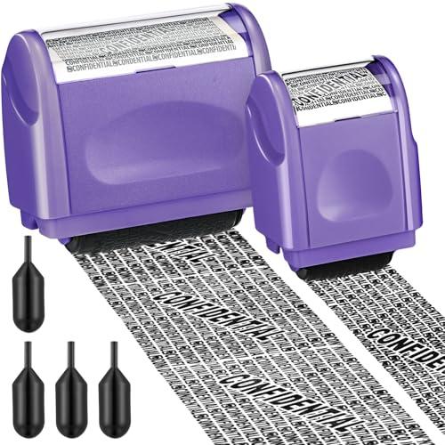 Nezyo 2 Pack Identity Protection Roller Stamp Identity Theft, Confidential, Privacy Roller Stamp Information Blocker and 4 Pack Refill Ink for ID Account Data Address Security(Purple)