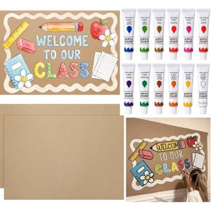 Geetery DIY Classroom Craft Set 2 Pcs 23.6" x 35.4" 160g Kraft Paper Roll with 12 Color Paint Kit DIY Bulletin Board Banner Decorations for Drawing Painting Classroom Back to School Teacher Supplies