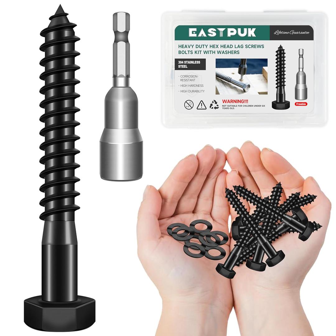 (12Sets) 5/16" x 2-1/2" Hex Head Lag Bolts, Heavy Duty Lag Screws with Washers, 304 Stainless Steel, 5/16 Bolt for Wood, Partial Thread, Black Oxide