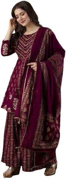 KUROCK Pakistani Kurti Sharara Set For Women's Rayon Mix Cotton Tunic Dupatta Set Indian Summer Dress (Wine) (Medium)