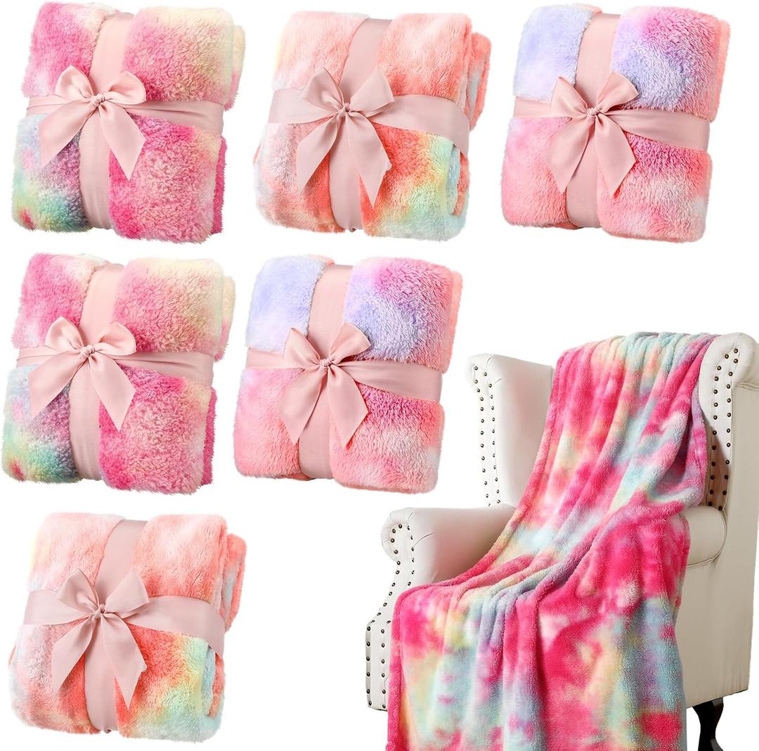 Buryeah 6 Pcs Sleepover Blankets Tie Dye Rainbow Coquette Pink Bow Faux Fur Blanket Microfiber Cozy Throw for Sleeping Slumber Sleepover Movie Night Party Gifts,40"x60"(Rainbow)