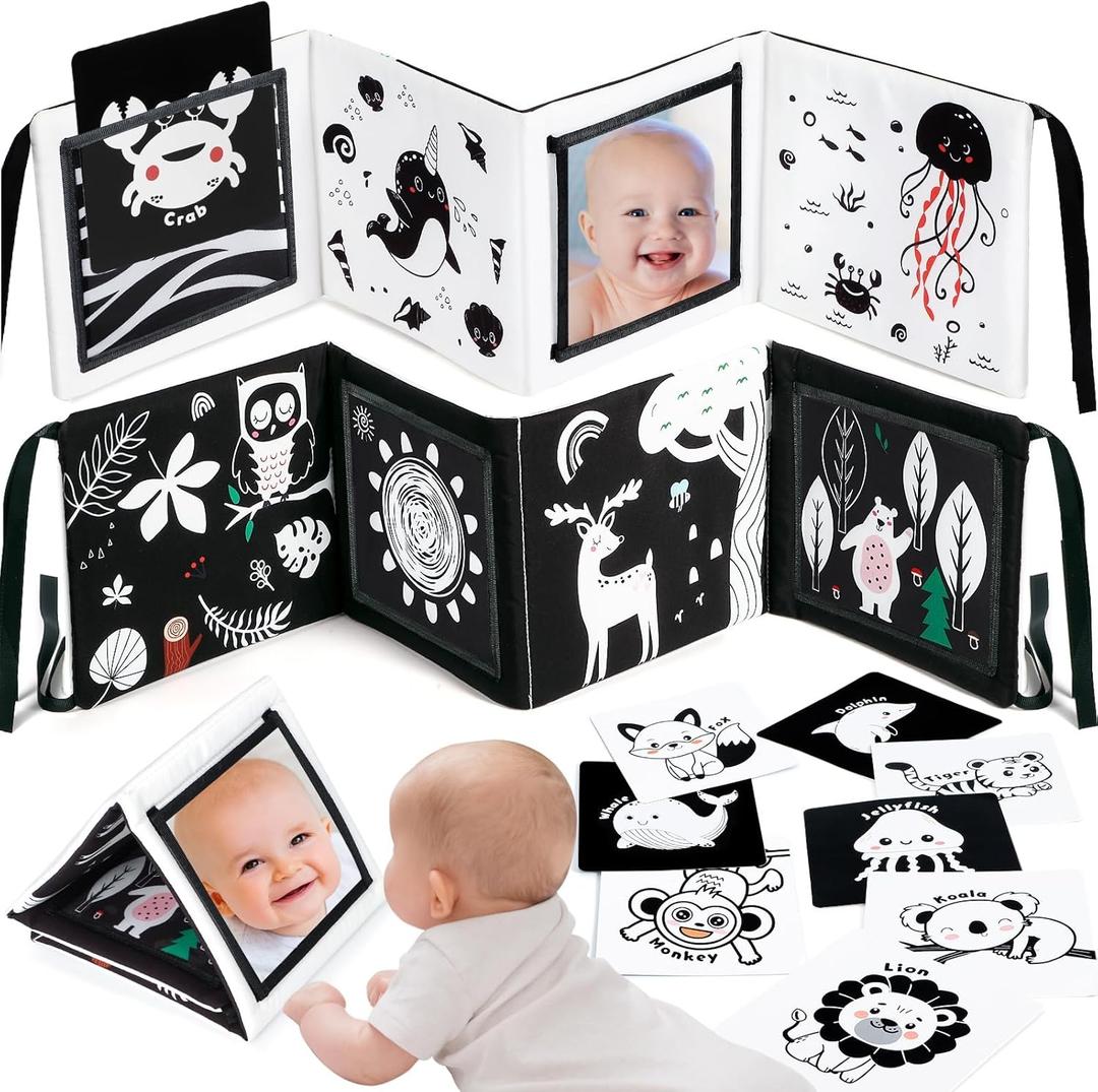URMYWO Tummy Time Mirror Toys, Visual Stimulation Learning Cards, High Contrast Black and White Baby Toys for Newborn, Soft Baby Book for Infant 0-12 Months, Baby Boy Girl Shower Gift