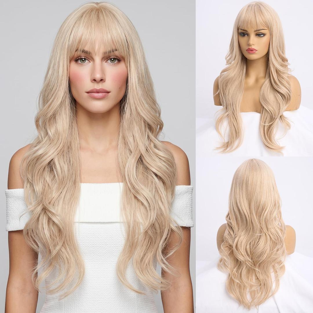 Long Blonde Wig with Bangs for Women Medium Part Blonde Wavy Layered Wigs Nature Looking Heat Resistant Synthetic Wigs for Party Daily Use28 inches