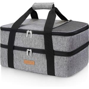 Double Decker Insulated Casserole Carrier for Hot or Cold Food, Lasagna Holder Tote for Potluck Parties/Picnic/Cookouts, Fits 9"x13" Baking Dish, Grey (15.7 x 11.4 x 8.3inch, Gray)
