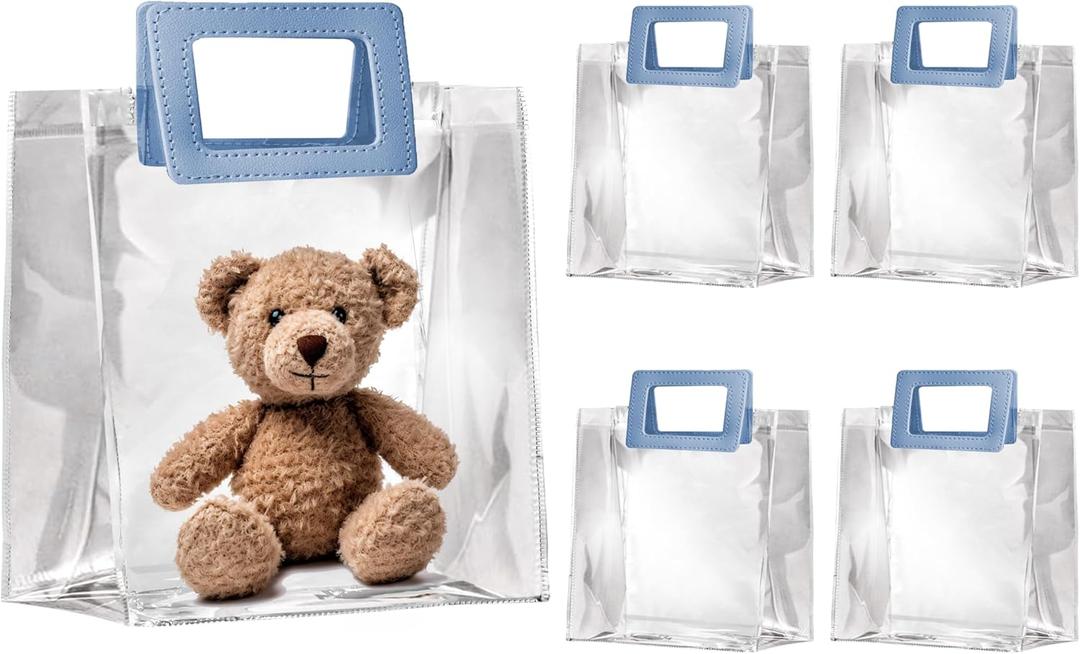 OfficeCastle 10 Pack 8x3.1x8 Inches Clear Gift Bags, Waterproof Gift Wrap Bags with Blue Leather Handles, Durable Birthday Bags for Parties, Christmas, and Holidays (20x8x20cm)