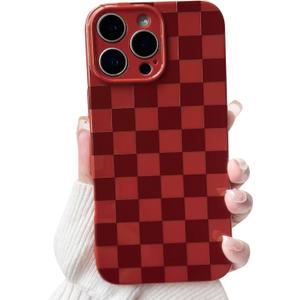 NITITOP Compatible with iPhone 16 Pro Case Cute Aesthetic Checkerboard Checkered Pattern for Women Girl Trendy Slim Fit TPU Silicone Shockproof Full Camera Protection Cover - Wine Red