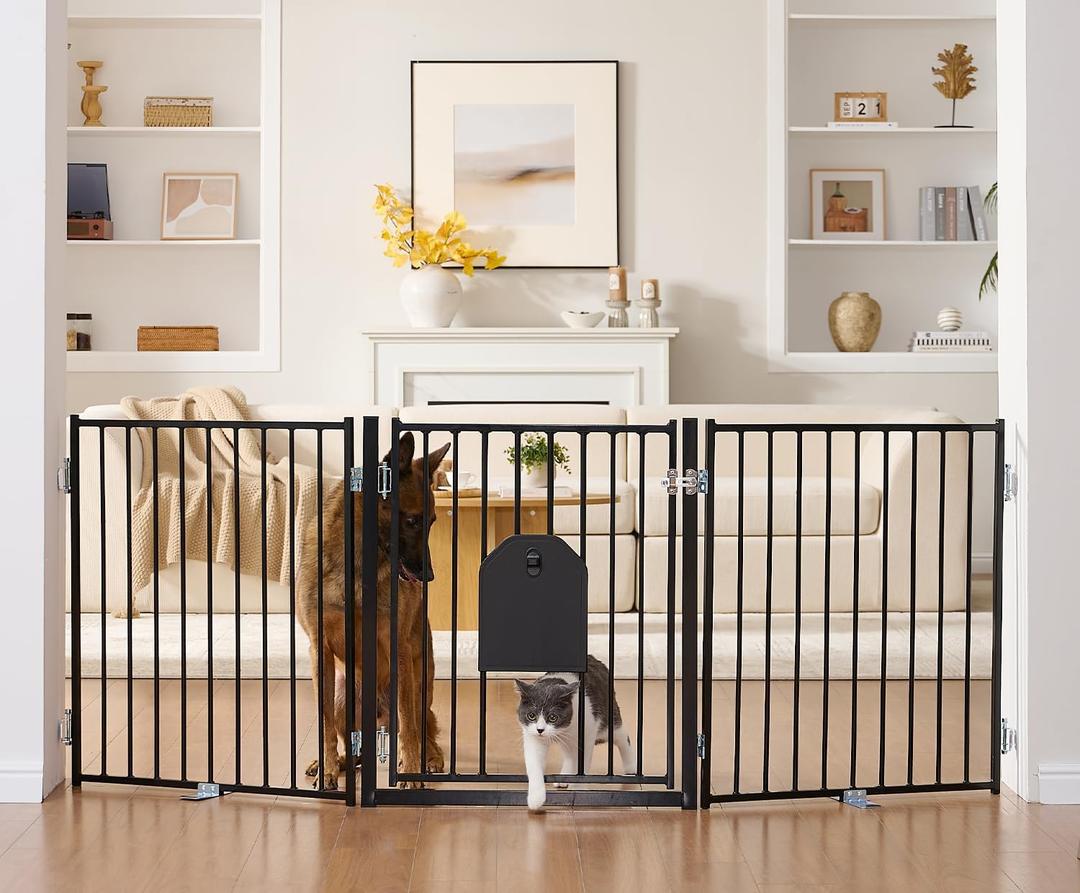 No Pawblems Dog Gate with Cat Door, Free Standing 30'' Tall Foldable Dog Fence for Indoor & Outdoor, Up to 78 Inch Extra Wide Puppy Gate for Stairs, Hallways, Doorways, Deck, Yard (Black, 3 Panels)