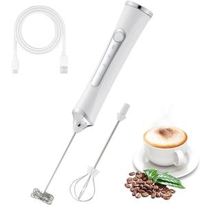 Freebala Handheld Electric Milk Frother with 2 Heads, Coffee Whisk Foam Mixer with USB Rechargeable 3 Speeds, Foam Maker Blender for Latte, Cappuccino, Hot Chocolate, Egg (White)